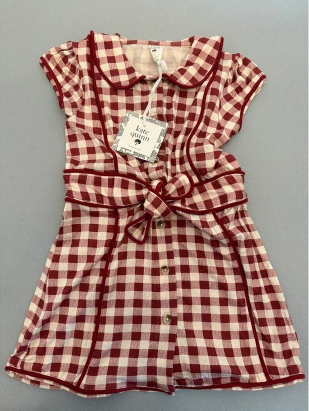 Kate Quinn Puff Sleeve Pipped Gingham Bamboo Dress 2T NWT